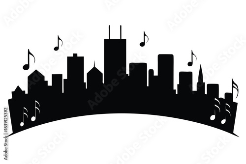 Silhouette of a Cityscape with Music Notes Floating Above Buildings on a White Background