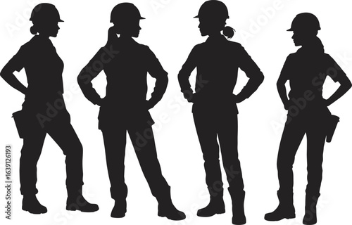 Construction worker silhouettes, hard hats, tool belts, safety gear, industrial labor, black vector illustration, standing pose, work boots, teamwork concept, isolated design.