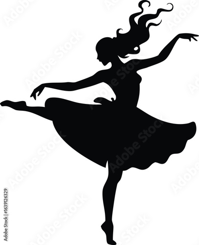 Silhouette of a Graceful Ballerina with Flowing Hair and a Tutu Dress Dancing