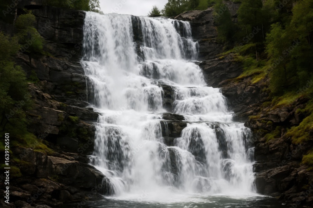 Fototapeta premium A Majestic Waterfall Cascade Over Rugged Cliffs