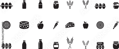 Natural food and grocery store icon set. Farm fresh ingredient symbols including milk, honey, wheat, apple, eggs, and carrot.