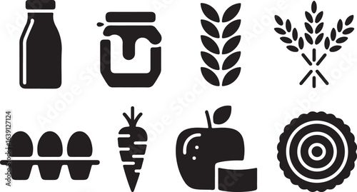 Natural food and grocery store icon set. Farm fresh ingredient symbols including milk, honey, wheat, apple, eggs, and carrot.