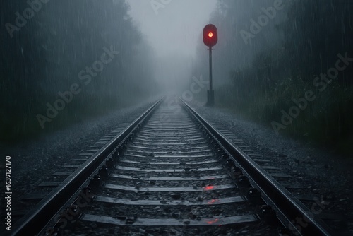 A solitary red signal stands guard amidst a veil of rain, casting an eerie glow on the desolate railway tracks