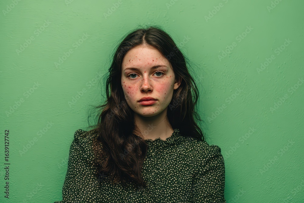 Obraz premium Young woman with acne poses confidently in front of vibrant green wall showcasing natural beauty