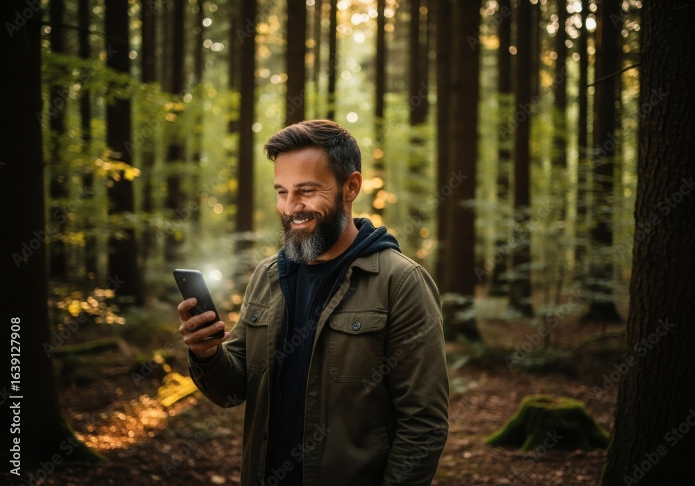 Fototapeta premium Man in forest using smartphone