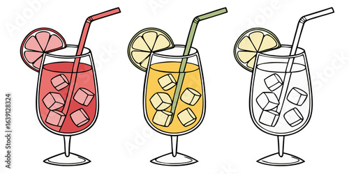 A set of colored alcoholic and non-alcoholic cocktails in glasses with ice, 3D. Cocktails for design concepts of restaurants, pubs, refreshingly cold and delicious drinks. Vector
Important information