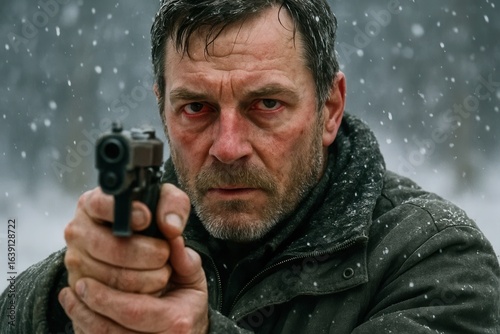 In the midst of a snowy forest, a man with a grimacing face holds a gun, ready for action