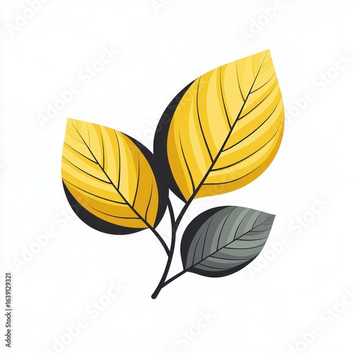Three stylized leaves with two in shades of yellow and one in gray connected by thin black stems on a white background