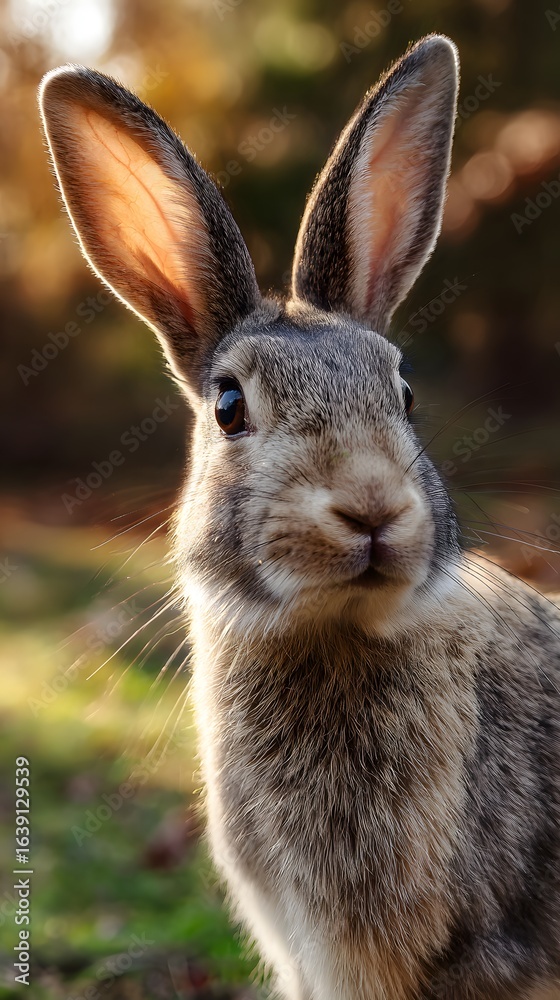Fototapeta premium Adorable Wild Rabbit with Upright Ears in Warm Outdoor Setting perfect for wildlife photography, children's book illustrations, springtime nature campaigns and animal conservation visuals
