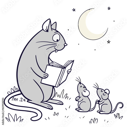A mother mouse reads a story to her two young children under the moonlight and stars