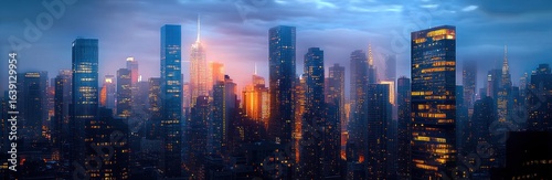 Wallpaper Mural Vibrant city skyline at dusk with illuminated skyscrapers under a cloudy blue sky creating a dramatic and glowing urban atmosphere Torontodigital.ca