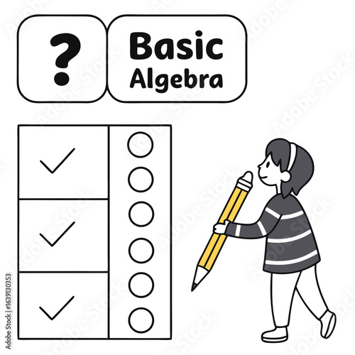 Curious student with pencil examines checklist with checkmarks next to basic algebra text and question mark