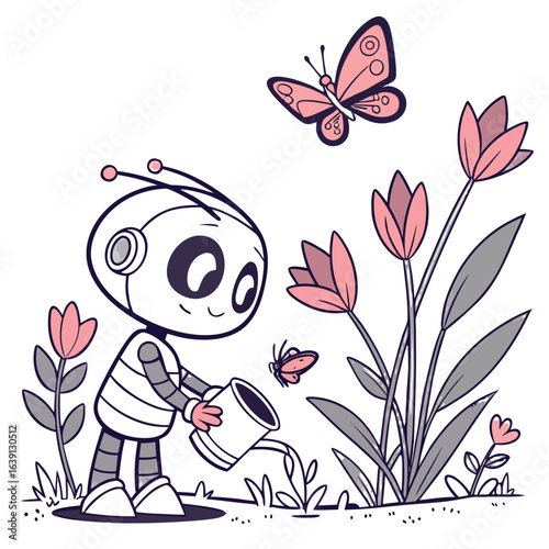 Cute cartoon robot watering pink flowers in a garden with butterflies flying around on a dark background