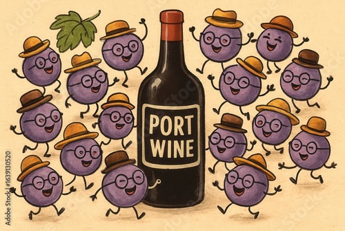 A jovial gathering of grape-themed characters around a bottle of Port Wine, radiating joy and celebration