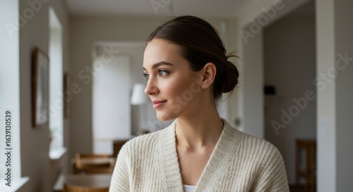 Young woman with hair in a bun looking to the side
