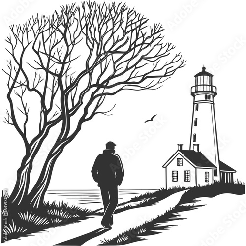 Lone man walks path towards lighthouse and house on grassy hillside under bare tree