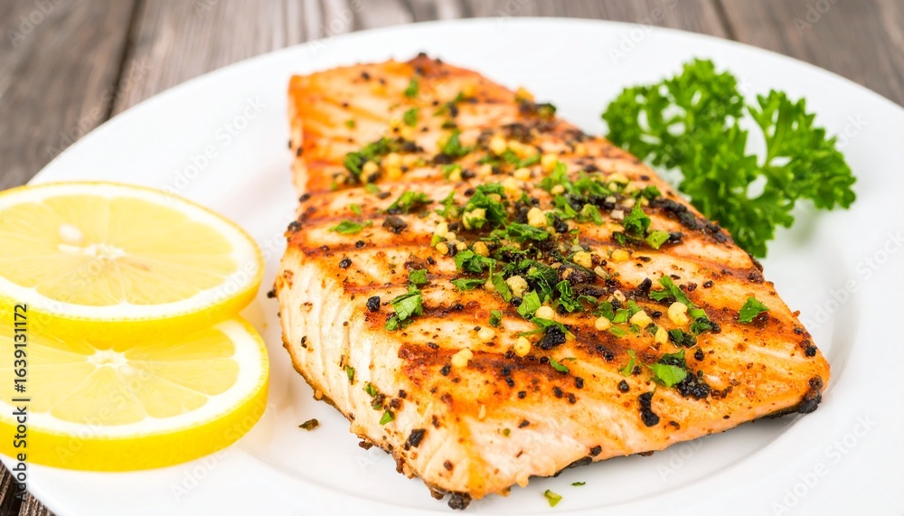Grilled salmon steak served with vegetables and lemon on a plate Grilled salmon steak served with vegetables and lemon on a plate
