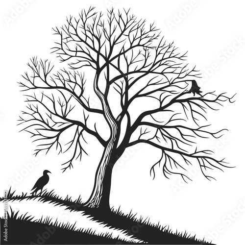 Silhouette of a bare winter tree with intricate branches and two birds perched on its limbs