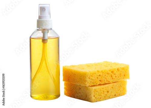 ottle of spray and a yellow sponge on white background PNG.AI Generated.