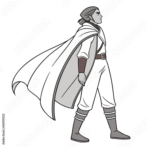 Stylized illustration of a male fantasy character with long hair wearing a flowing cape and boots