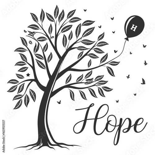 Stylized silhouette of a tree with a balloon and the word hope symbolizing growth and optimism