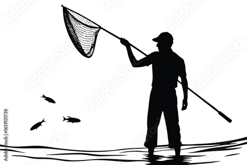 Silhouette of Fisherman with Net Hunting Fish in Water Angling Illustration