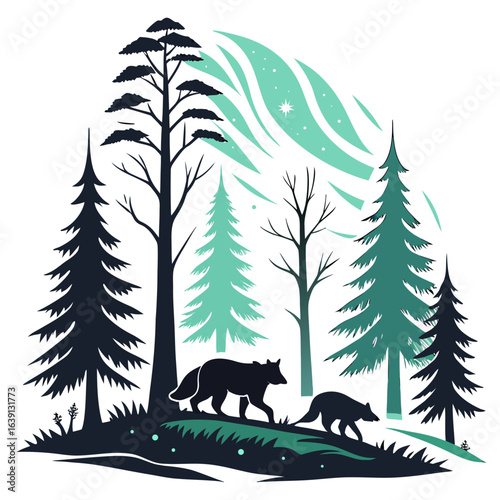 Two wolves walking through a dark forest under a vibrant green aurora borealis sky