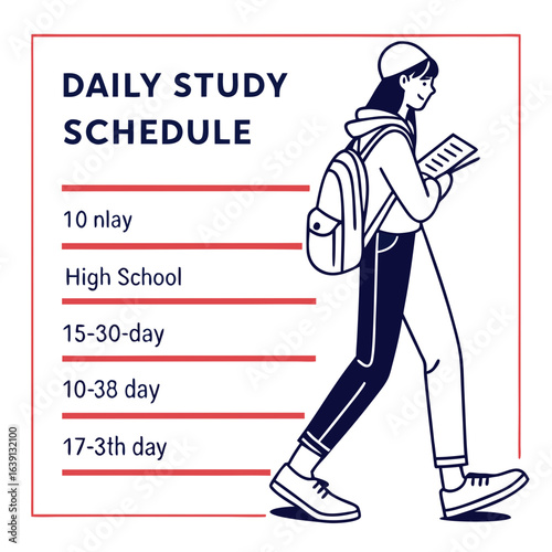 Young female student with backpack and notebook walking while checking her daily study schedule