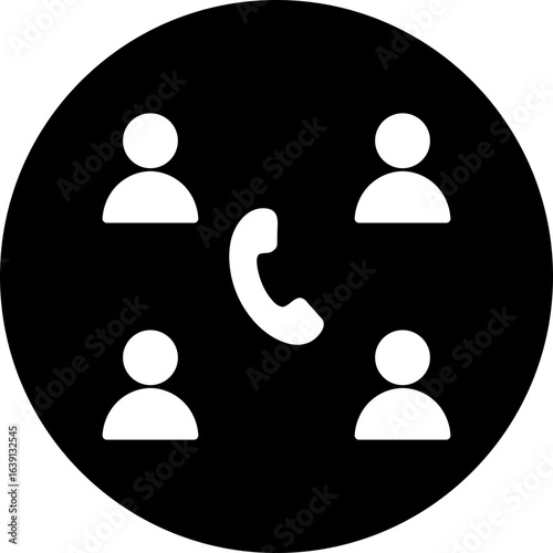 Group audio conference icon. Negative space symbol of a team listening to a phone call in a circle.