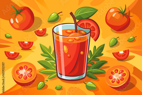vector of Top view of vibrant tomato juice in glass, surrounded by fresh tomatoes on orange background.