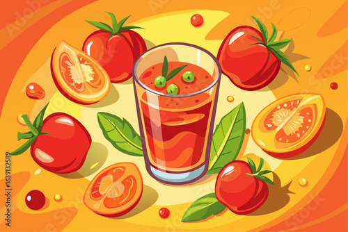 vector of Top view of vibrant tomato juice in glass, surrounded by fresh tomatoes on orange background.