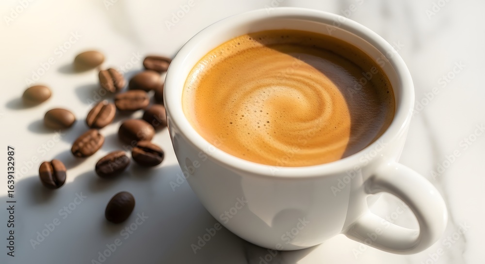 Obraz premium Morning Ritual: Coffee Cup with Beans on Marble Surface (AI Generated)