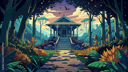 Overgrown path leads to creaking porch, leaves rustle in cold breeze. High detail textures, moss-covered roof, dark forest backdrop, starry night sky, spooky aesthetic, immersive professional illustra