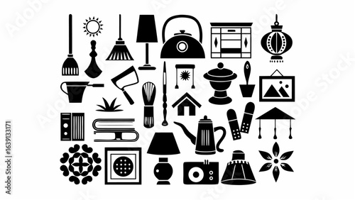 Collection of various household items in black silhouette style arranged in a square format design |  editable eps vectors