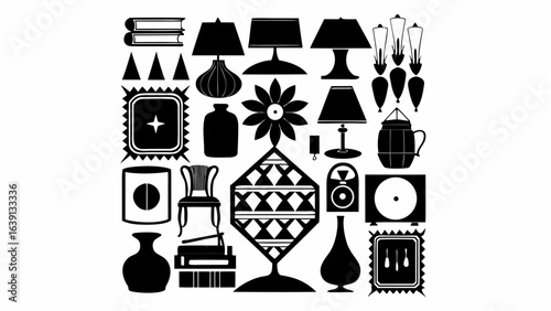 Monochrome illustration showcasing an array of diverse household objects and furniture items in black |  editable eps vectors silhouette
