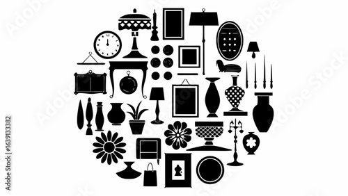 Collection of various home decor items including lamps vases and picture frames in black and white style |  editable eps vectors silhouette