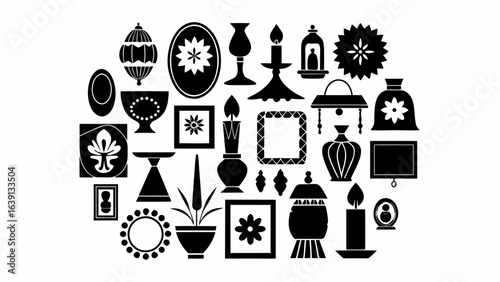 Collection of black and white decorative objects including lamps frames and vases in a circular pattern |  editable eps vectors silhouette