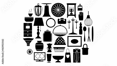 Collection of various household objects and decorative items in black silhouette style design art |  editable eps vectors