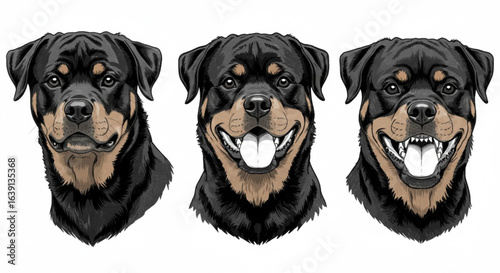 Vector art of three rottweiler dog portraits isolated on white background