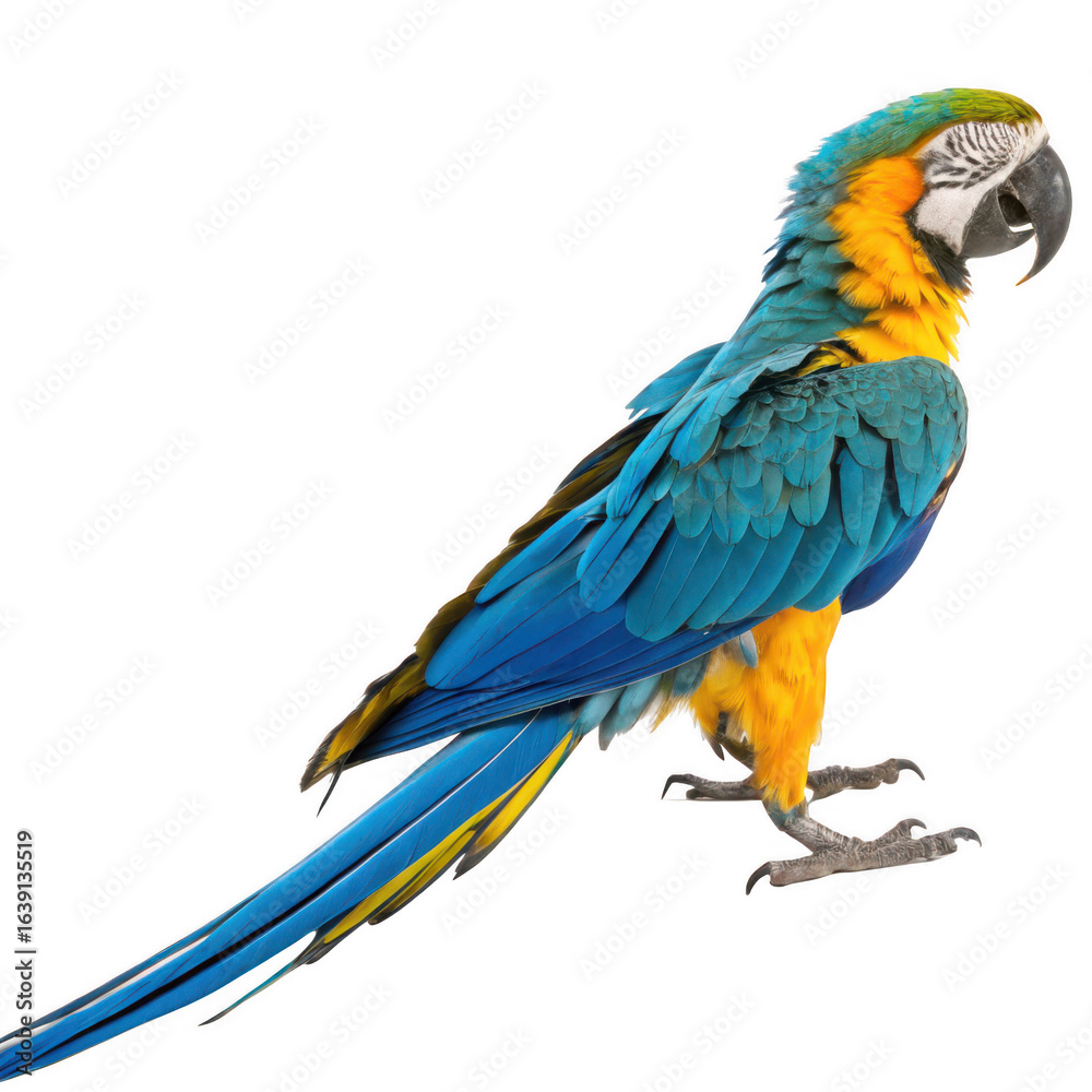 Fototapeta premium Blue and yellow macaw parrot standing on a black surface isolated on transparent background
