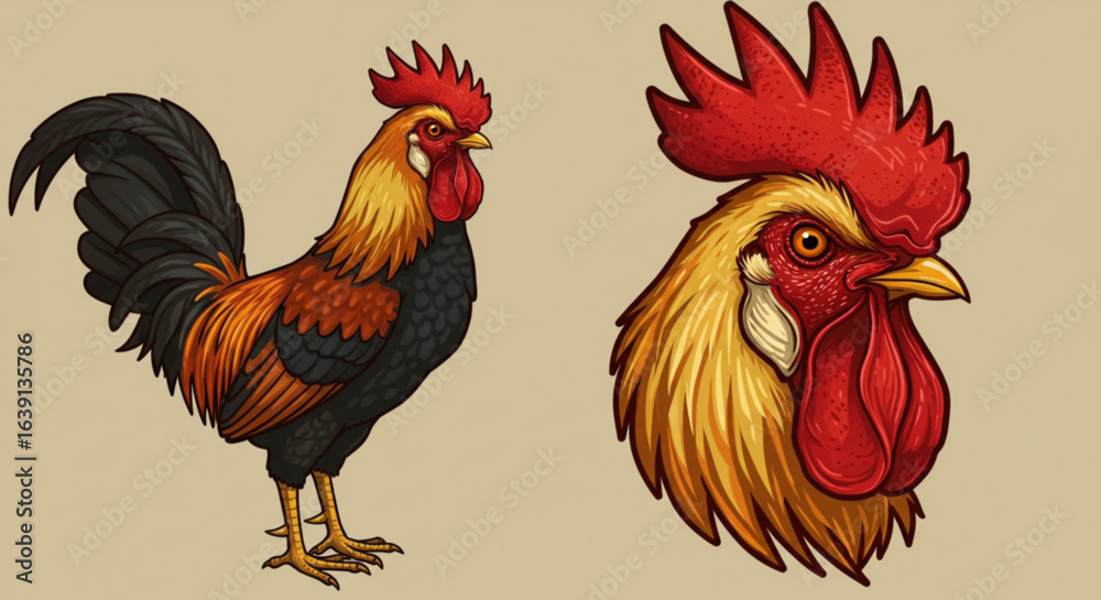 Fototapeta premium Vector art of rooster and rooster head isolated on white background illustration