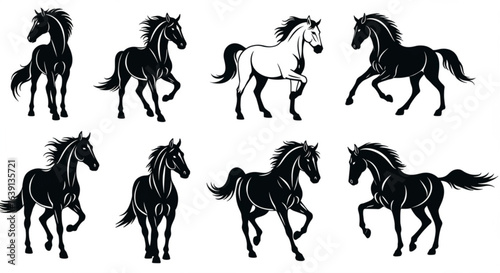Vector art of set of running horses in different poses isolated on white background