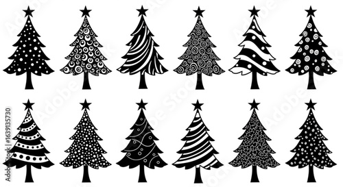 Vector art of collection of twelve different christmas trees isolated on white background