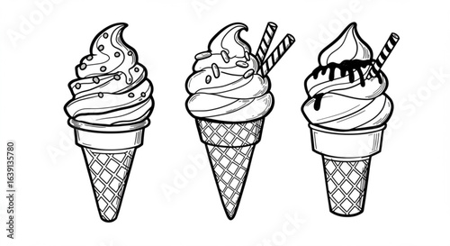 Vector art of collection of ice cream cones isolated on white background with different flavors