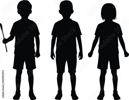 Three Children Silhouettes Boy Holding Stick, and Two Boys or Girls Standing Straight