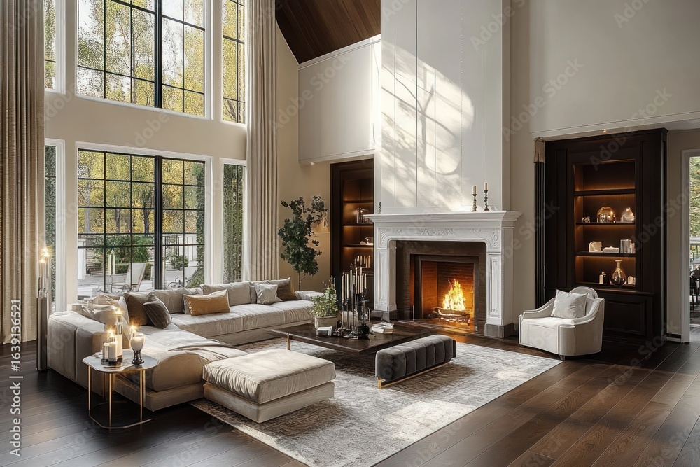 custom made wallpaper toronto digitalSpacious living room with tall windows letting in natural light, cozy fireplace, large sectional sofa, and elegant neutral decor creating a warm and inviting atmosphere