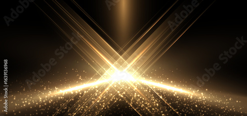 Abstract elegant gold glowing beam with lighting effect sparkle on black background.
