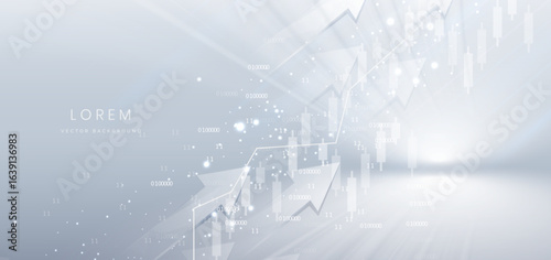 Finance arrow up chart stock market growth glowing light effect on grey background.