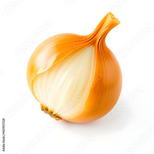 A vibrant orange onion with its papery skin slightly peeled back to reveal the layered flesh underneath, sits prominently on a clean and pristine white background
