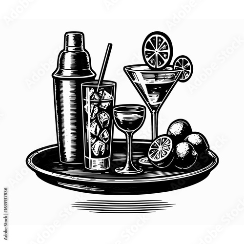 Drinks and Cocktail Illustration: An elegant illustration of assorted cocktails, a shaker, and fresh citrus fruits, artfully arranged on a tray.